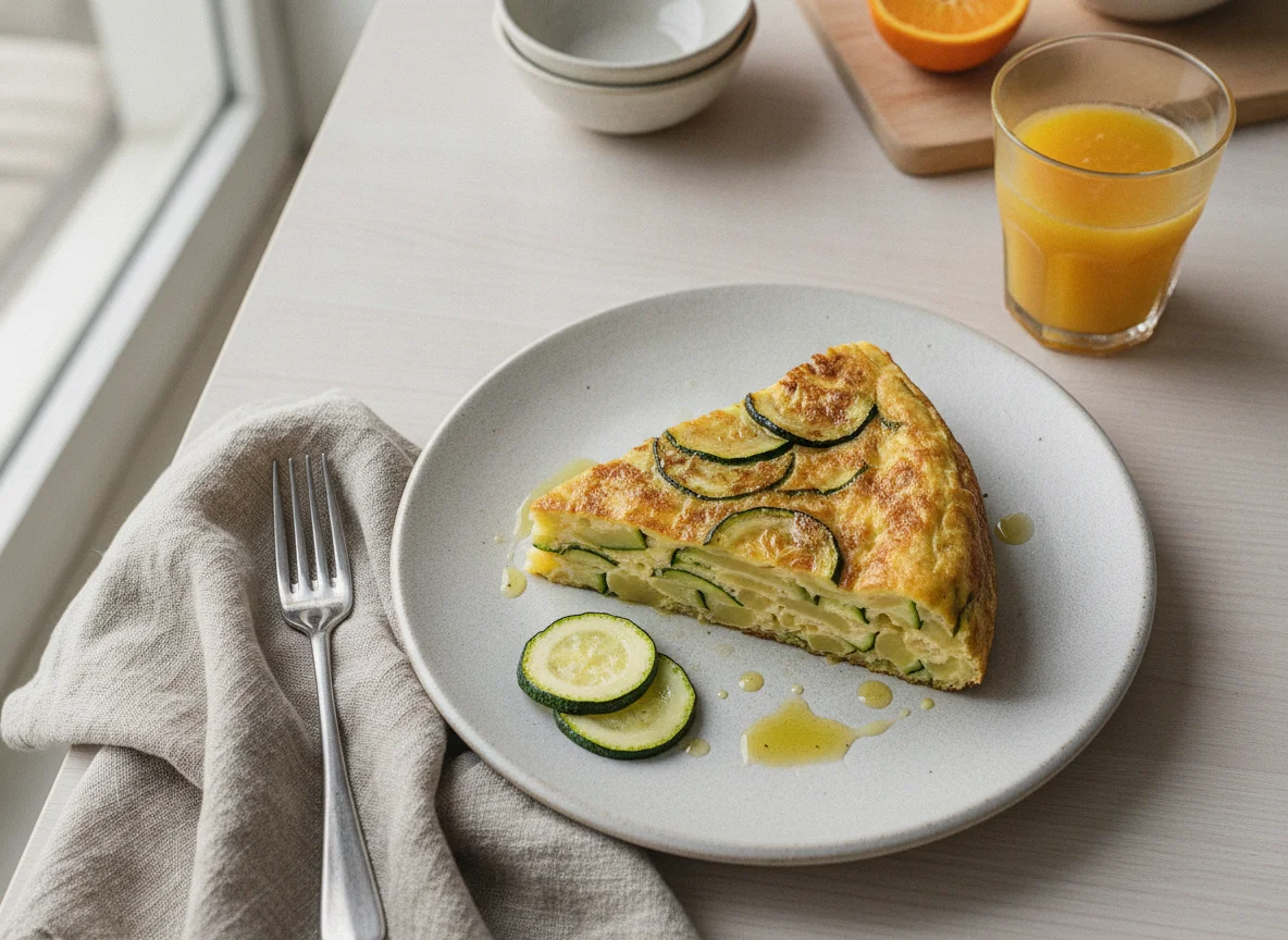 Tortilla de patatas con calabacín y zumo de naranja photo