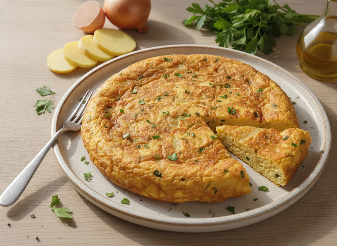 Tortilla de patatas con cebolla y perejil photo