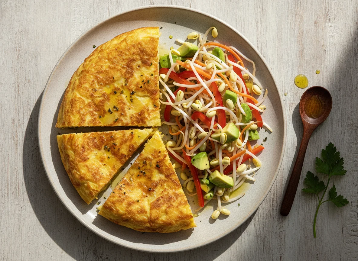 Tortilla de patatas con ensalada de brotes y aguacate photo