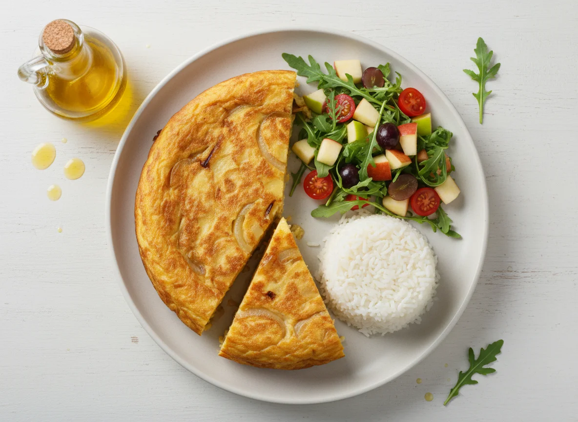 Tortilla de patatas con ensalada de frutas y arroz photo