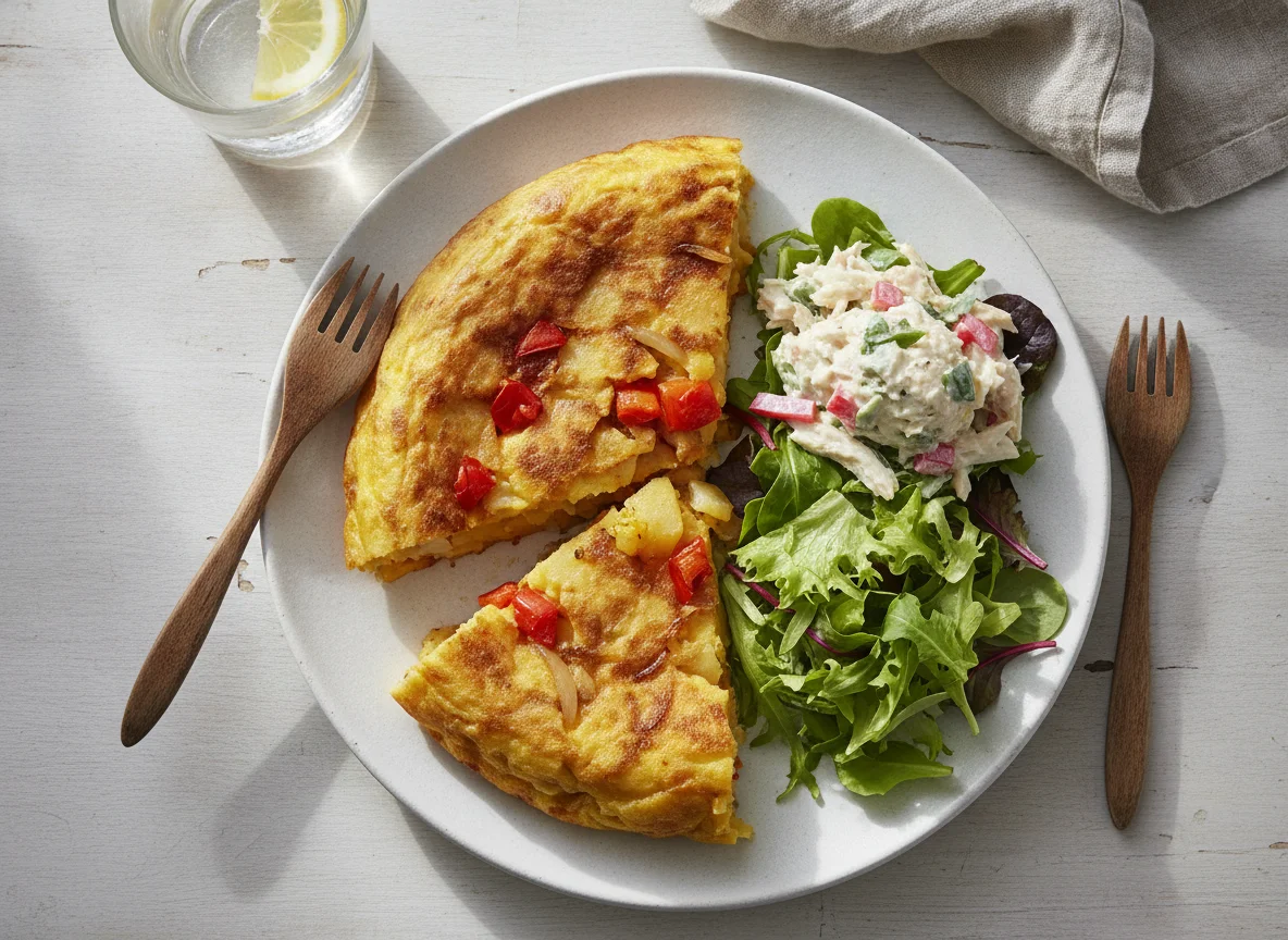 Tortilla de patatas con ensalada de pollo y mayonesa photo