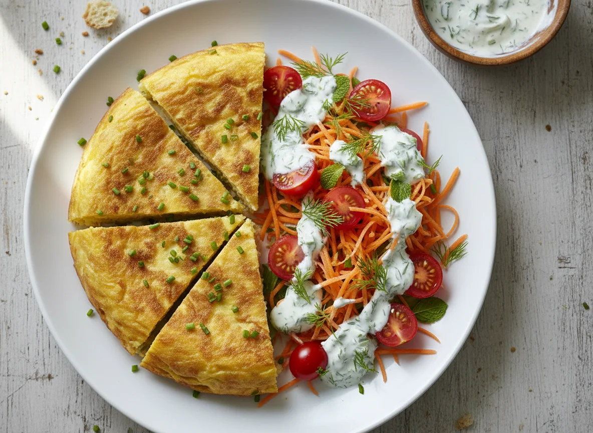Tortilla de patatas con ensalada de zanahoria y tomate photo