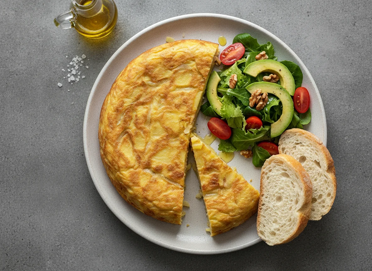 Tortilla de patatas con ensalada mixta y pan photo