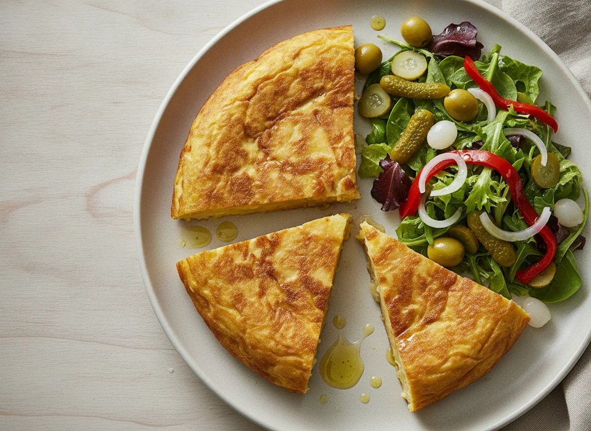 Tortilla de patatas con ensalada y encurtidos photo