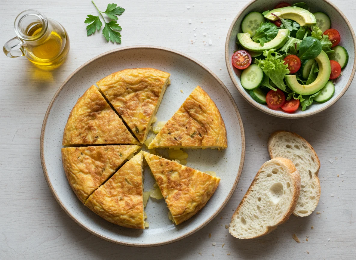 Tortilla de patatas con ensalada y pan photo