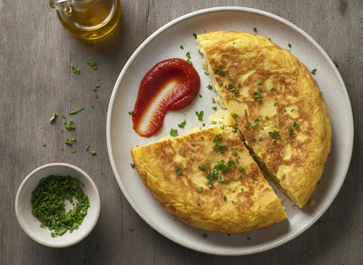 Tortilla de patatas con perejil y salsa de tomate photo