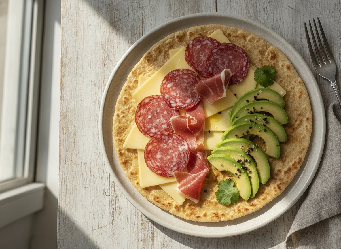 Tortilla de trigo con embutido, queso y aguacate photo