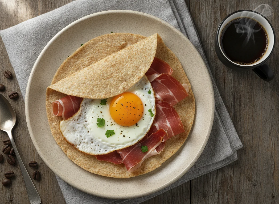 Tortilla de trigo con huevo, jamón y café photo