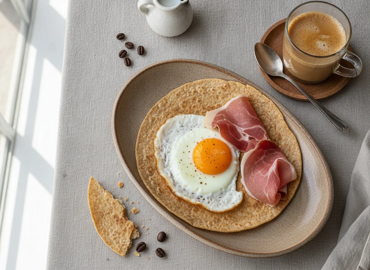 Tortilla de trigo con huevo, jamón y café con leche photo