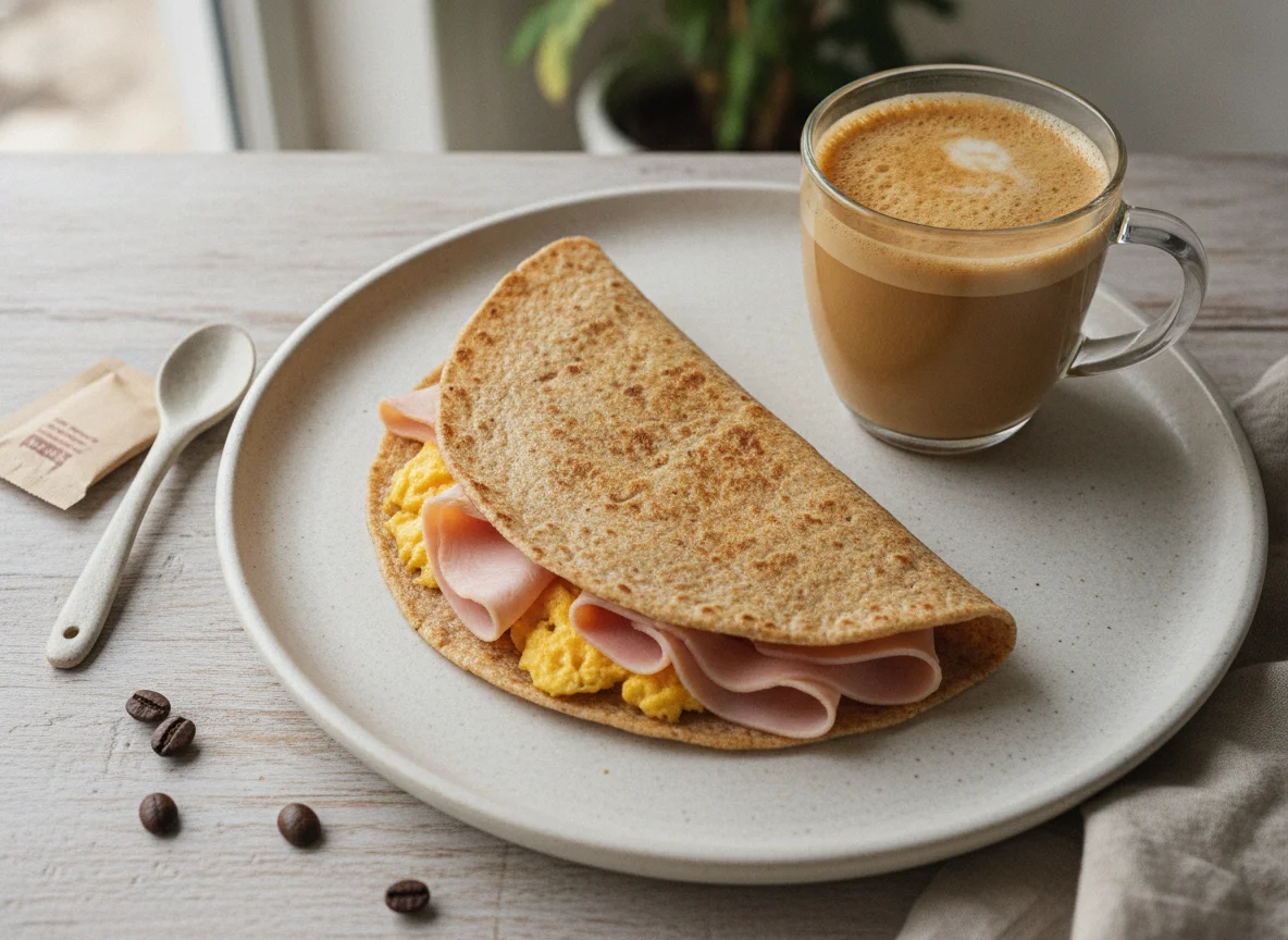 Tortilla de trigo con huevo, jamón y café con leche de almendra photo