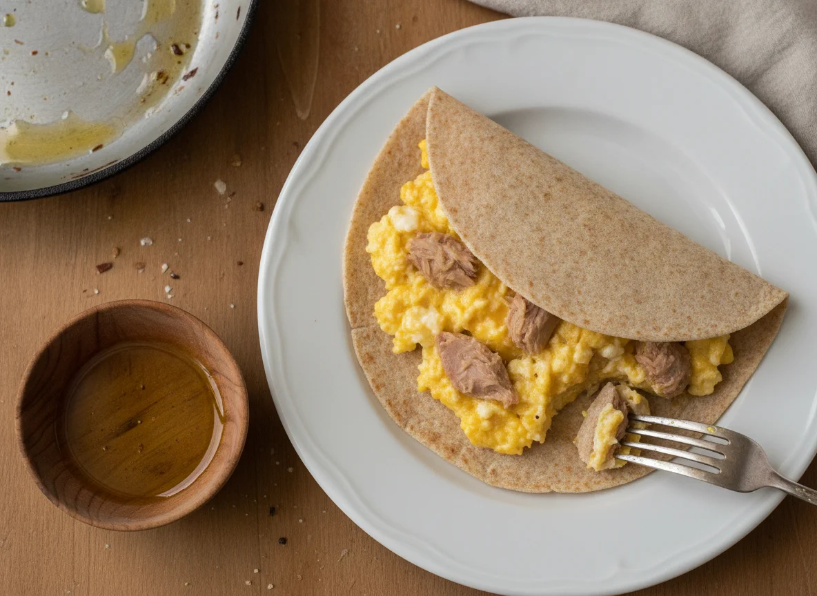 Tortilla de trigo con huevo revuelto y atún photo