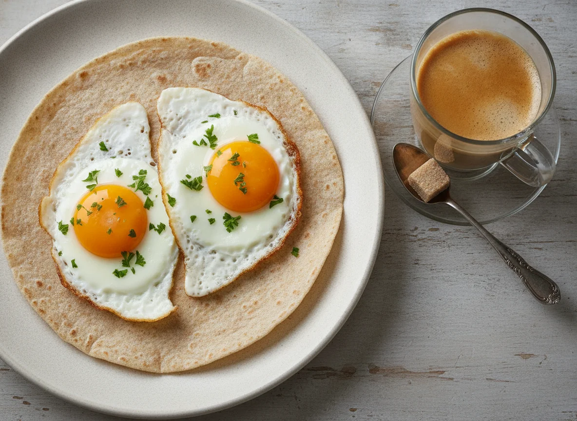 Tortilla de trigo con huevo y café con leche photo