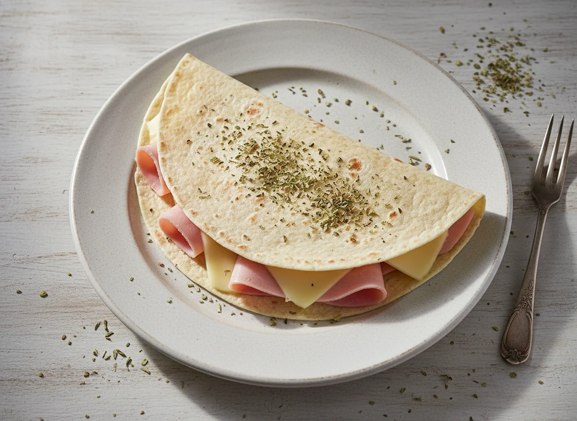 Tortilla de trigo con jamón cocido, queso y orégano photo