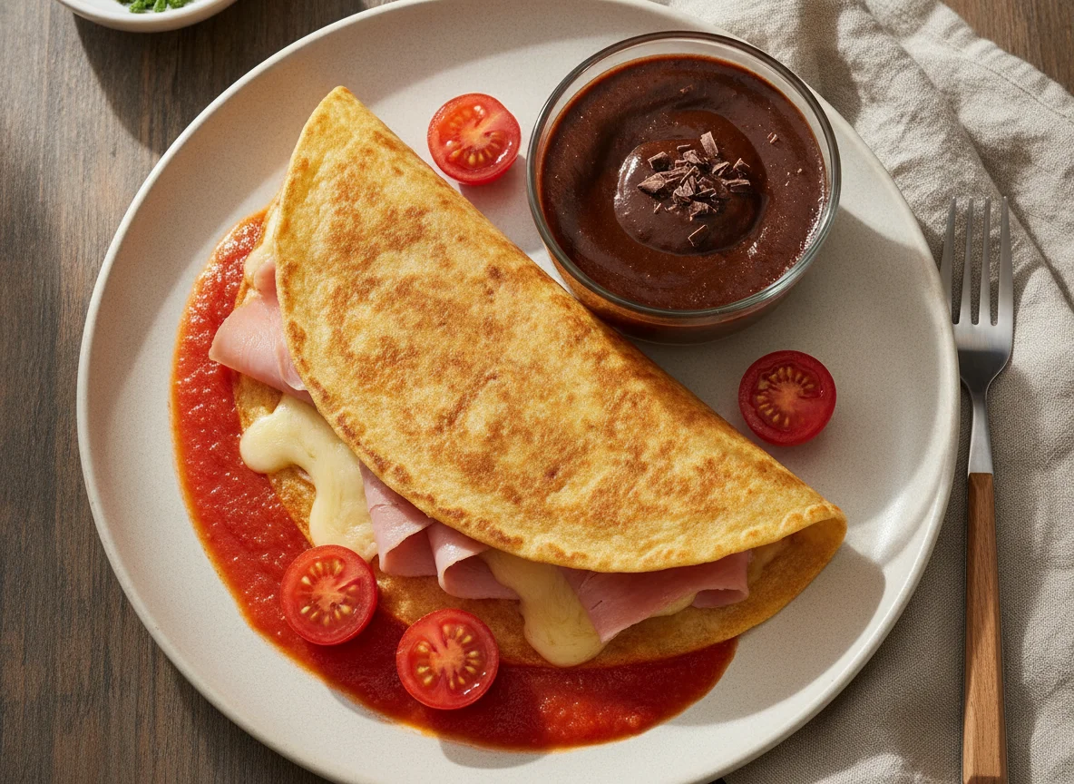 Tortilla de trigo rellena y pudin de chocolate proteico photo
