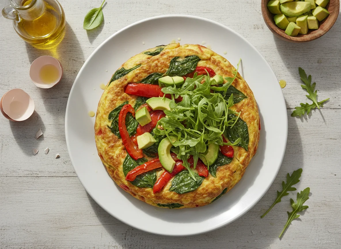 Tortilla de verduras con aguacate y rúcula photo