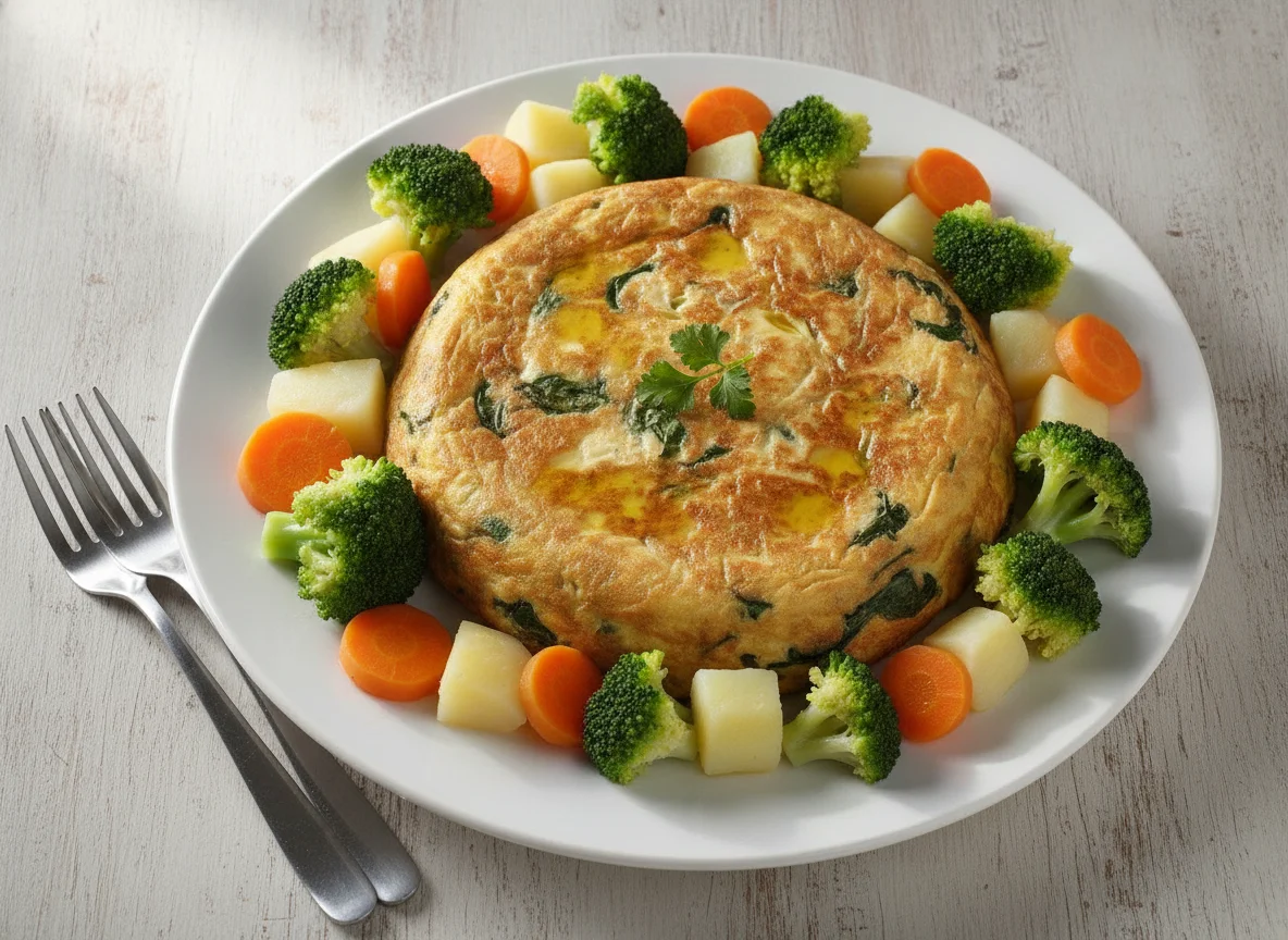 Tortilla de verduras con brócoli y zanahoria al vapor photo