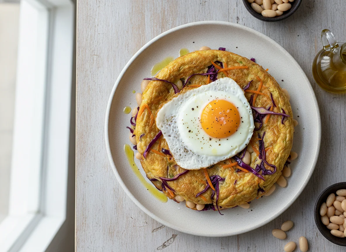 Tortilla de verduras con huevo a la plancha photo