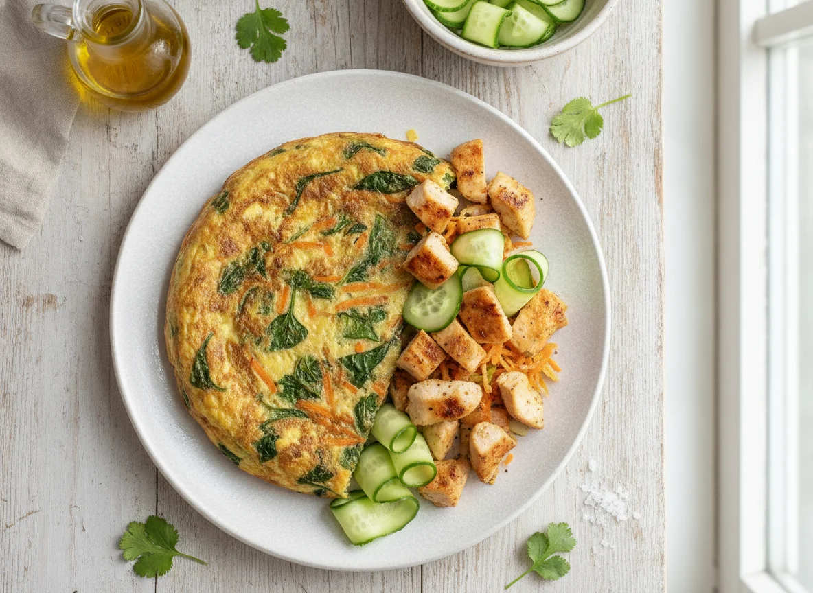 Tortilla de verduras con pollo y pepino photo