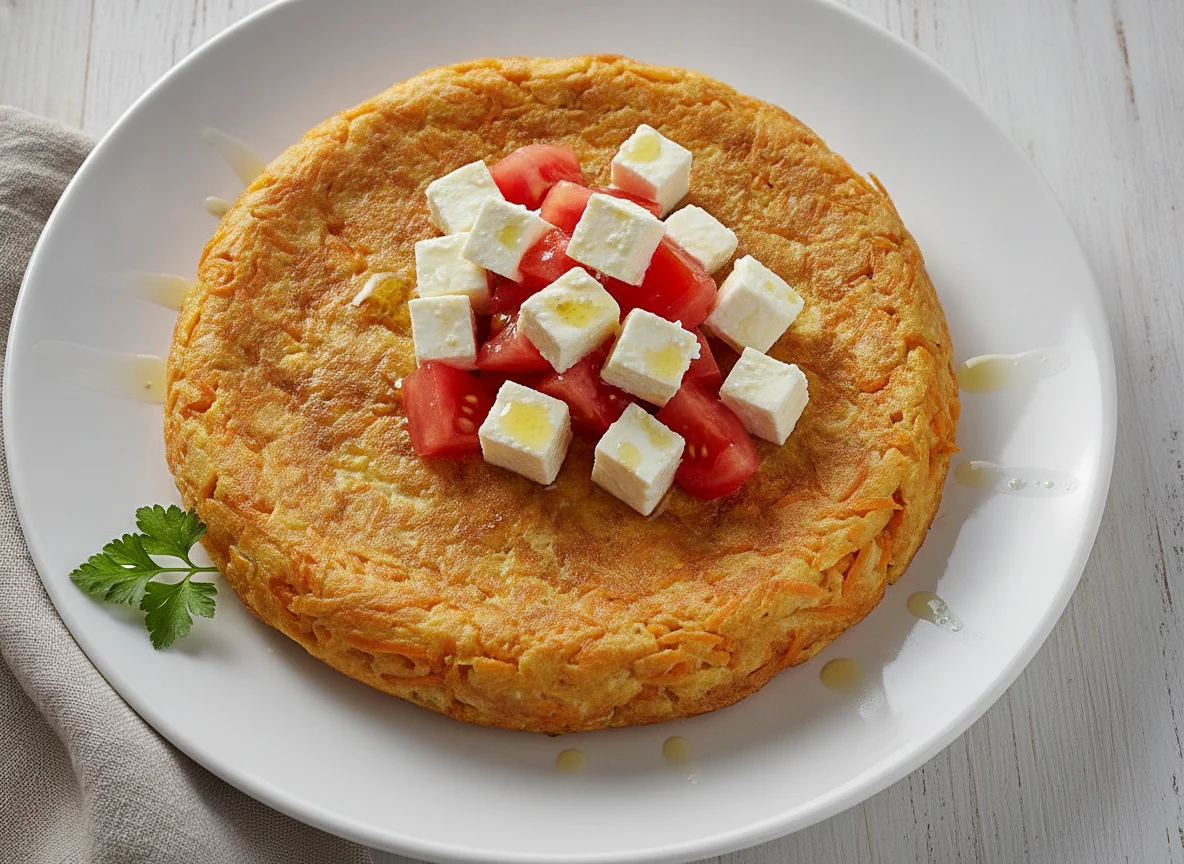 Tortilla de zanahoria con ensalada de queso y tomate photo