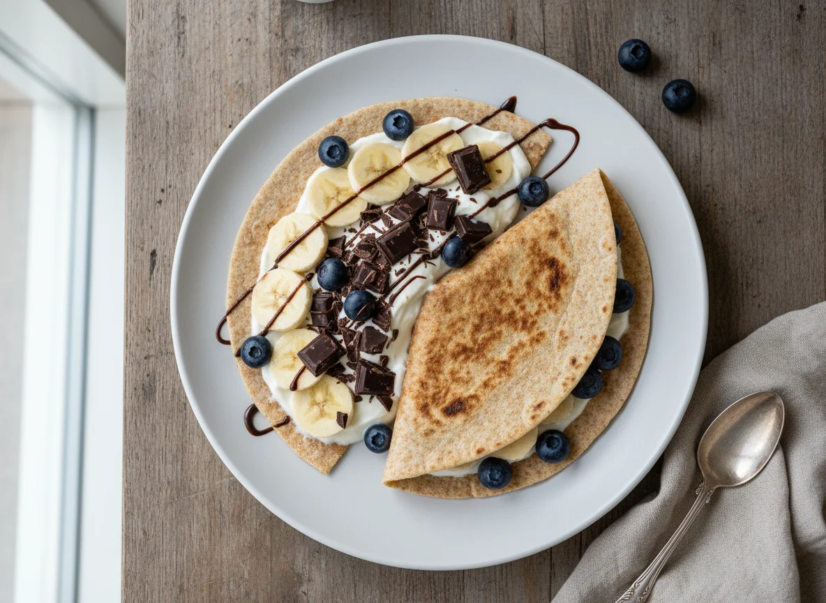 Tortilla dulce con plátano, arándanos, yogur y chocolate photo