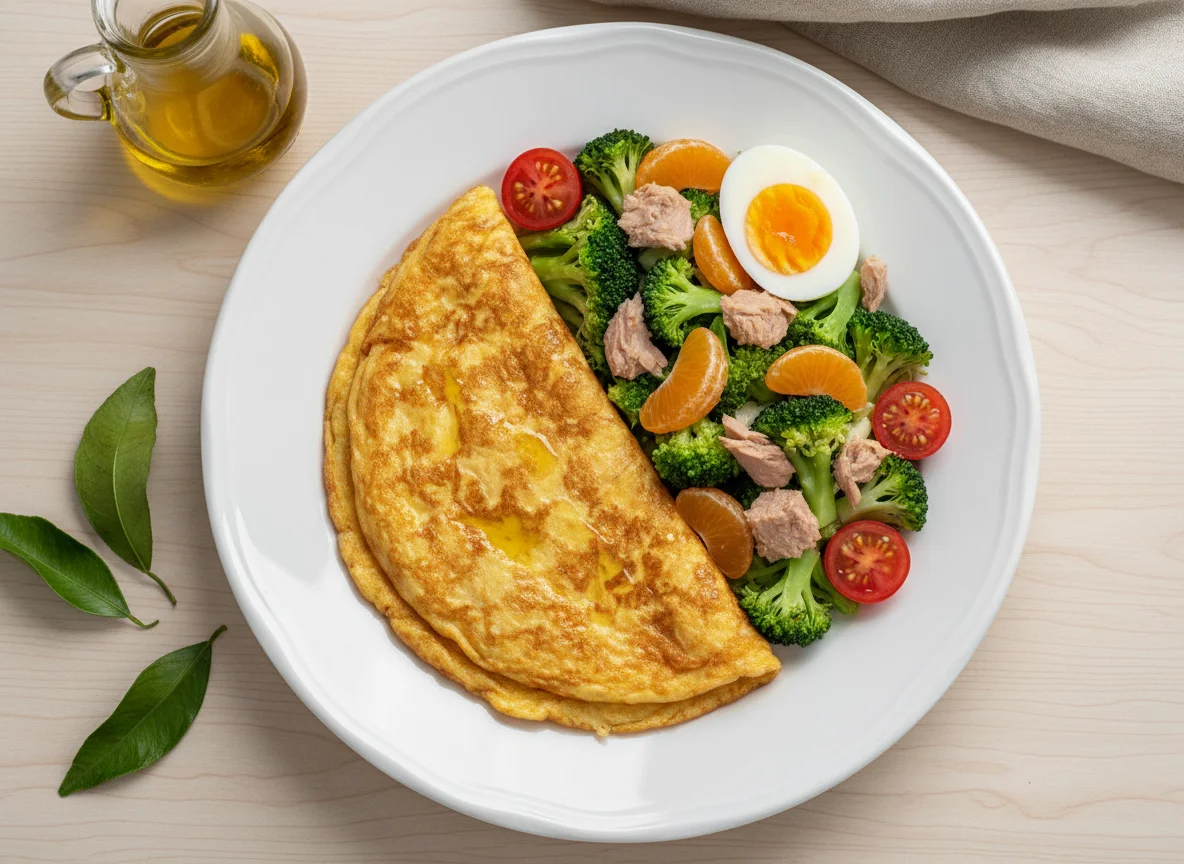Tortilla francesa con ensalada de brócoli y mandarina photo