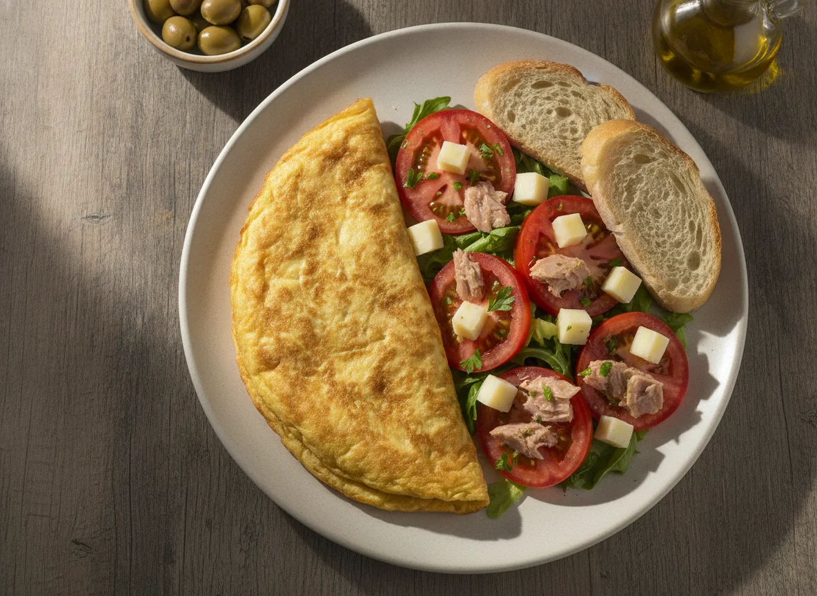 Tortilla francesa con ensalada de tomate y atún photo