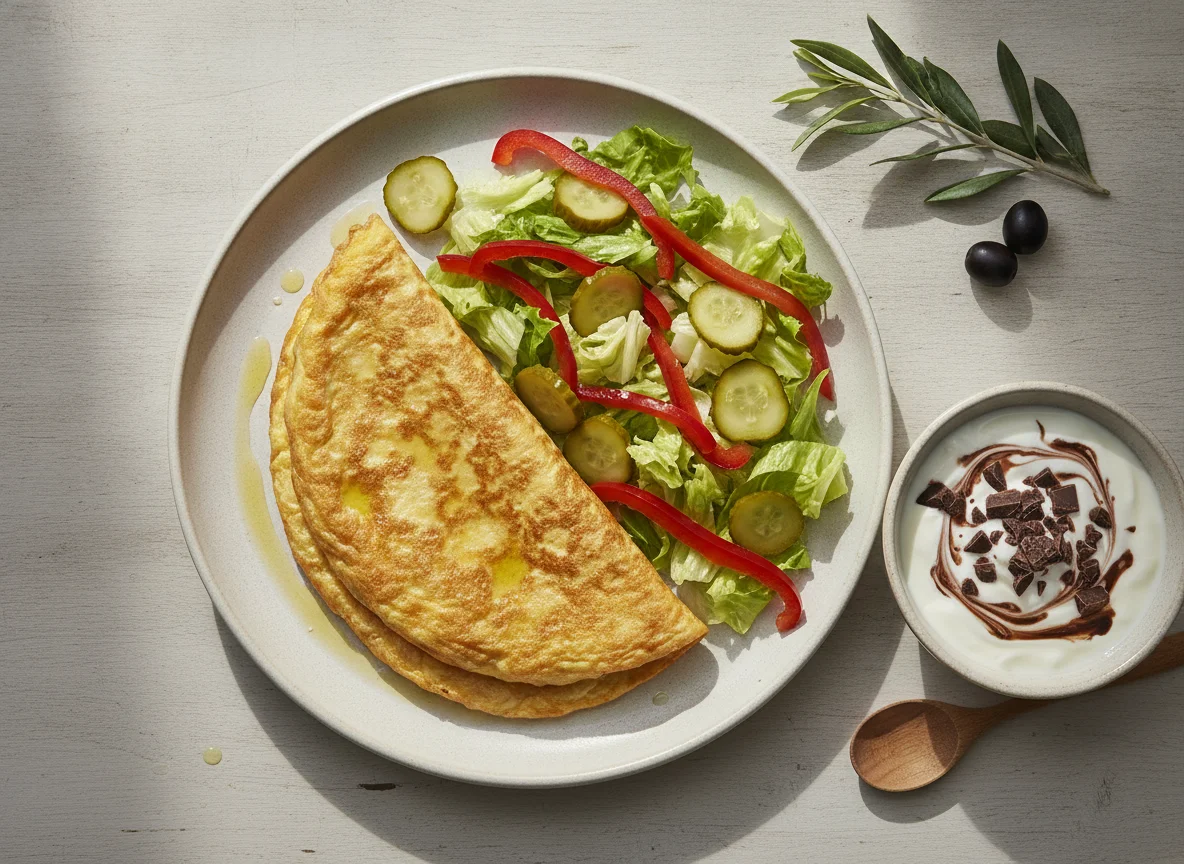 Tortilla francesa con ensalada mixta y yogur photo