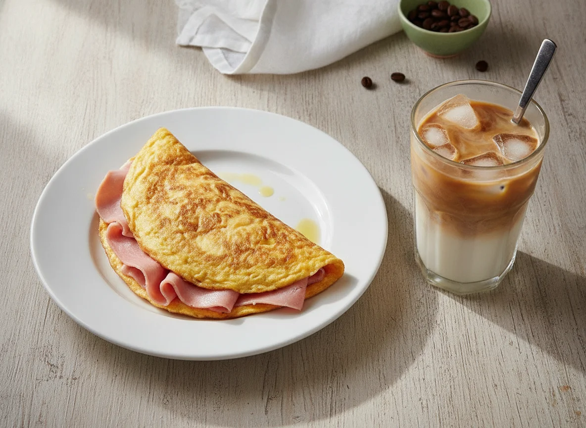 Tortilla francesa con jamón cocido y café con leche helado photo