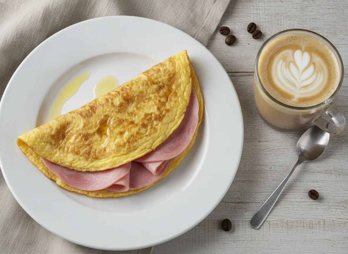 Tortilla francesa con jamón y café con leche photo