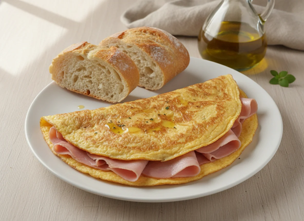 Tortilla francesa con jamón y pan photo