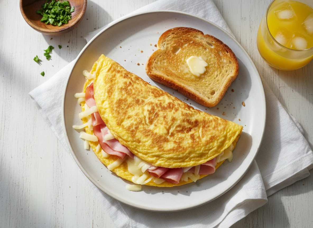 Tortilla francesa con jamón y queso y tostada photo