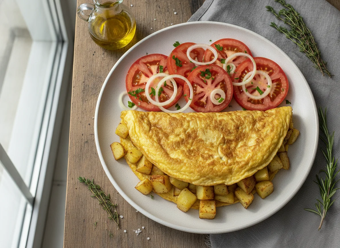 Tortilla francesa con patatas asadas y ensalada de tomate photo