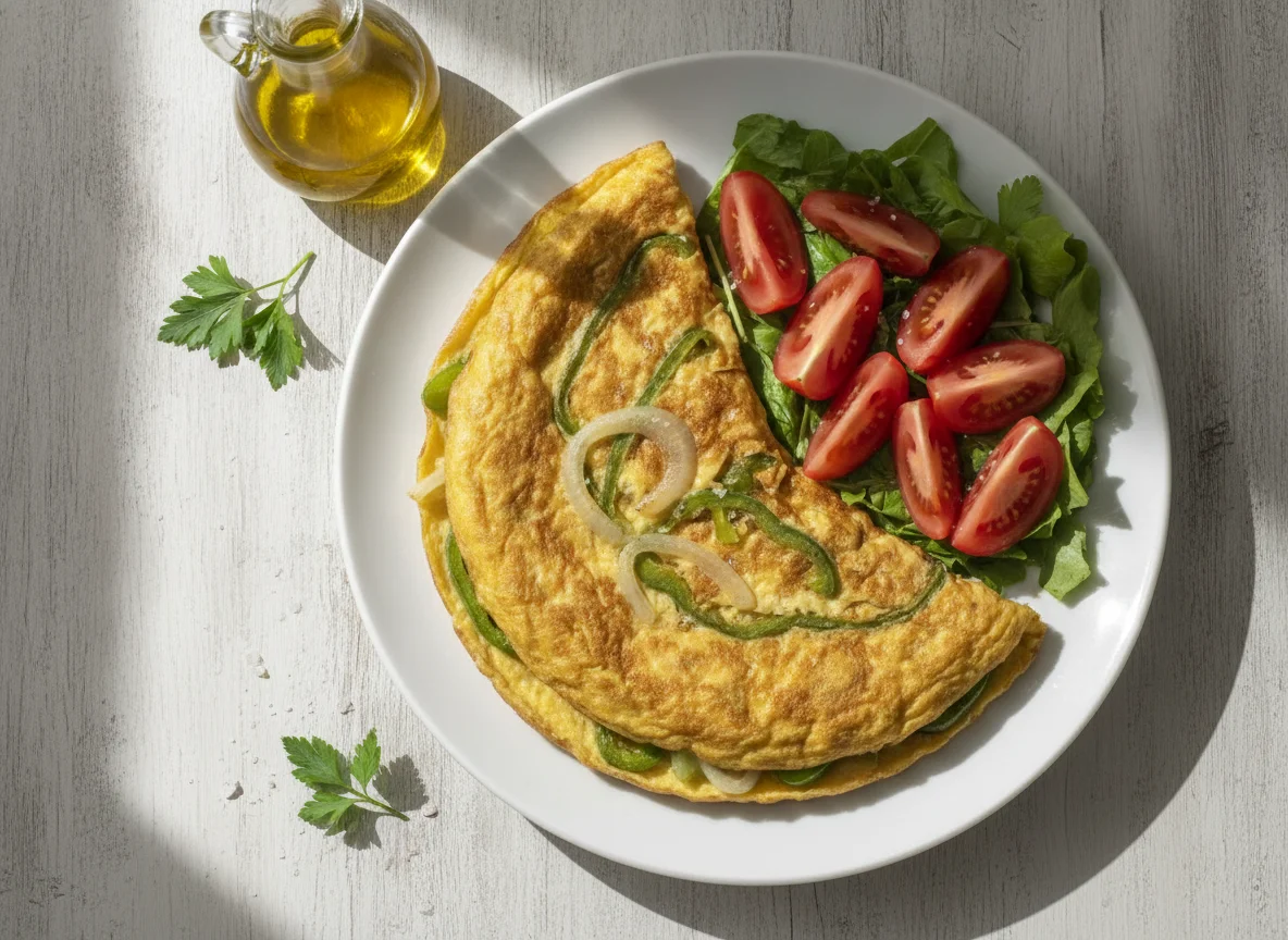Tortilla francesa con pimientos, cebolla y ensalada de tomate photo