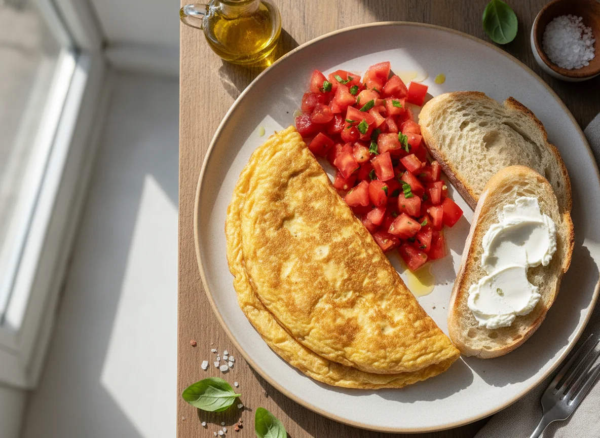 Tortilla francesa con tomate, pan y queso crema photo