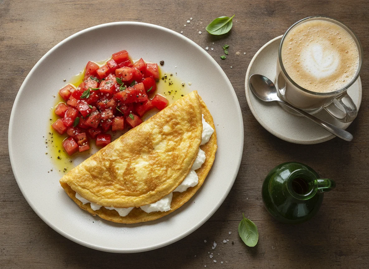 Tortilla francesa con tomate y café con leche photo