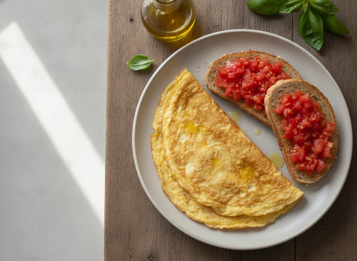 Tortilla francesa con tostada de pan integral y tomate photo