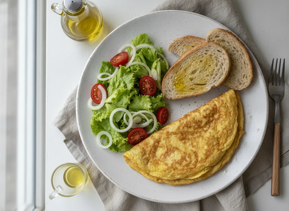 Tortilla francesa con tostadas y ensalada mixta photo