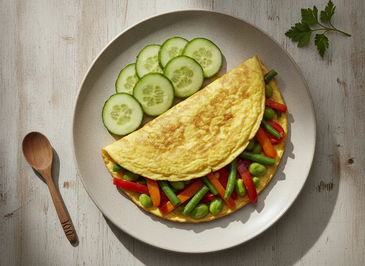 Tortilla francesa con verduras salteadas y pepino photo