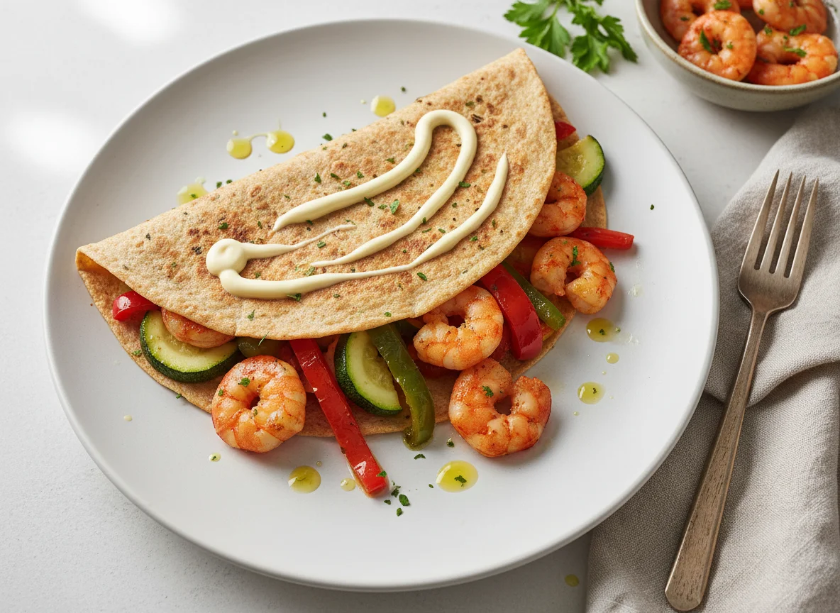 Tortilla integral con gambas y verduras salteadas photo