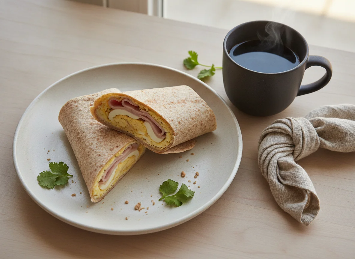 Tortilla integral con huevo, jamón de pavo y queso photo