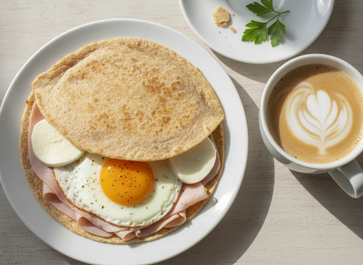 Tortilla integral con huevo, jamón, queso y café con leche photo