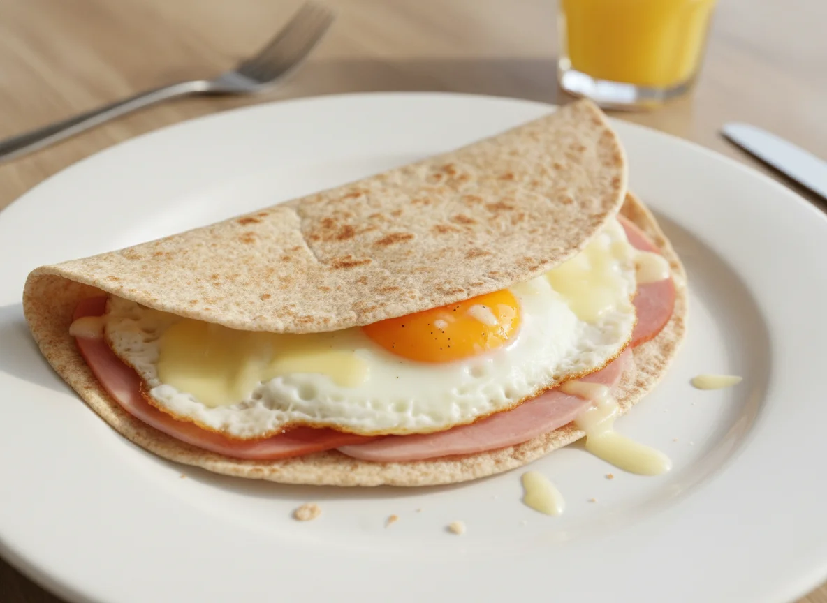 Tortilla integral con huevo, jamón y queso photo