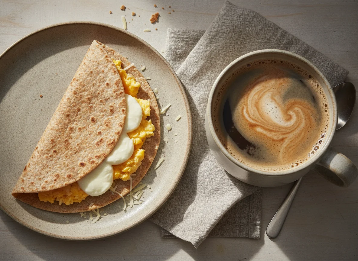 Tortilla integral con huevo, queso y café con leche photo