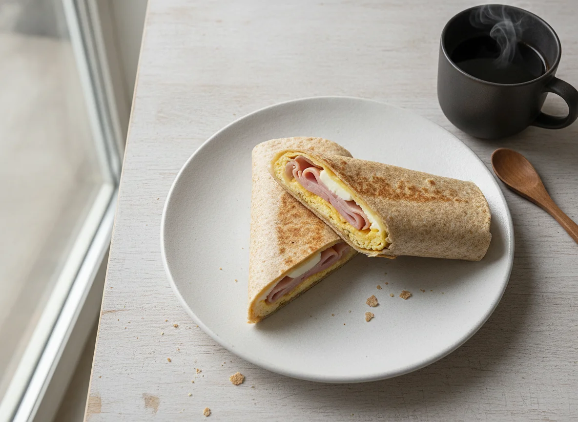 Tortilla integral con huevo, queso y jamón de pavo photo