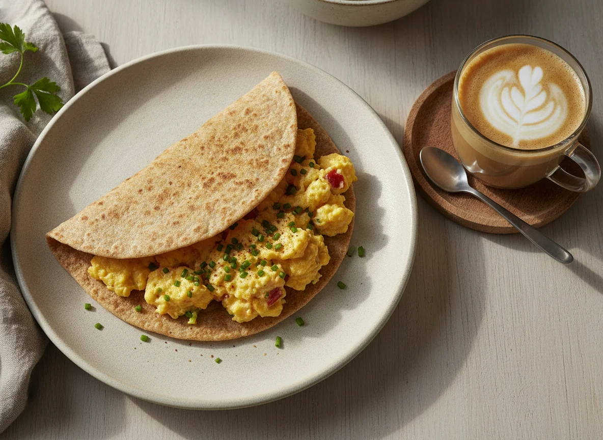 Tortilla integral con huevos revueltos y café con leche photo
