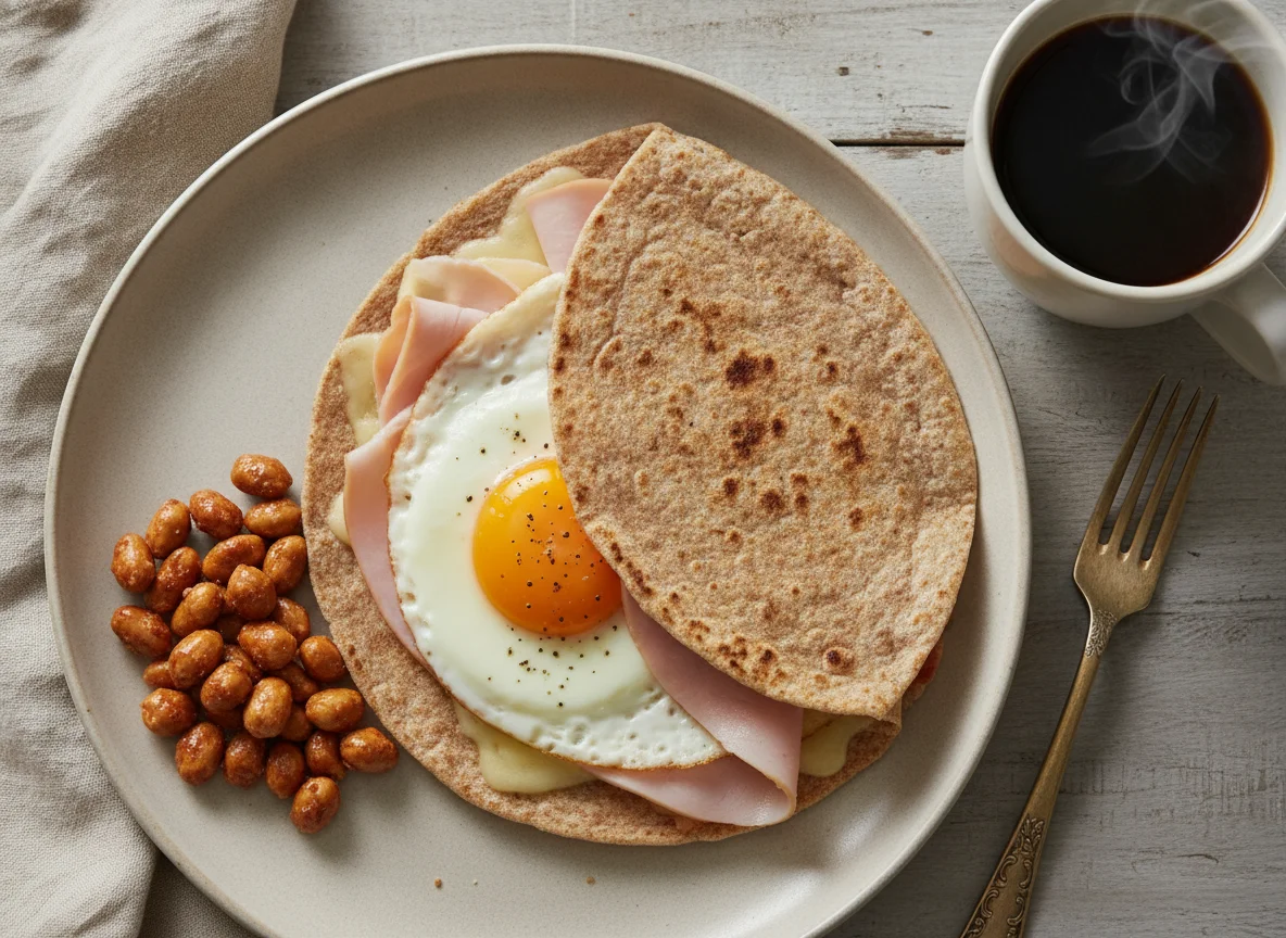 Tortilla integral rellena con huevo, queso y jamón acompañada de maní garapiñado photo