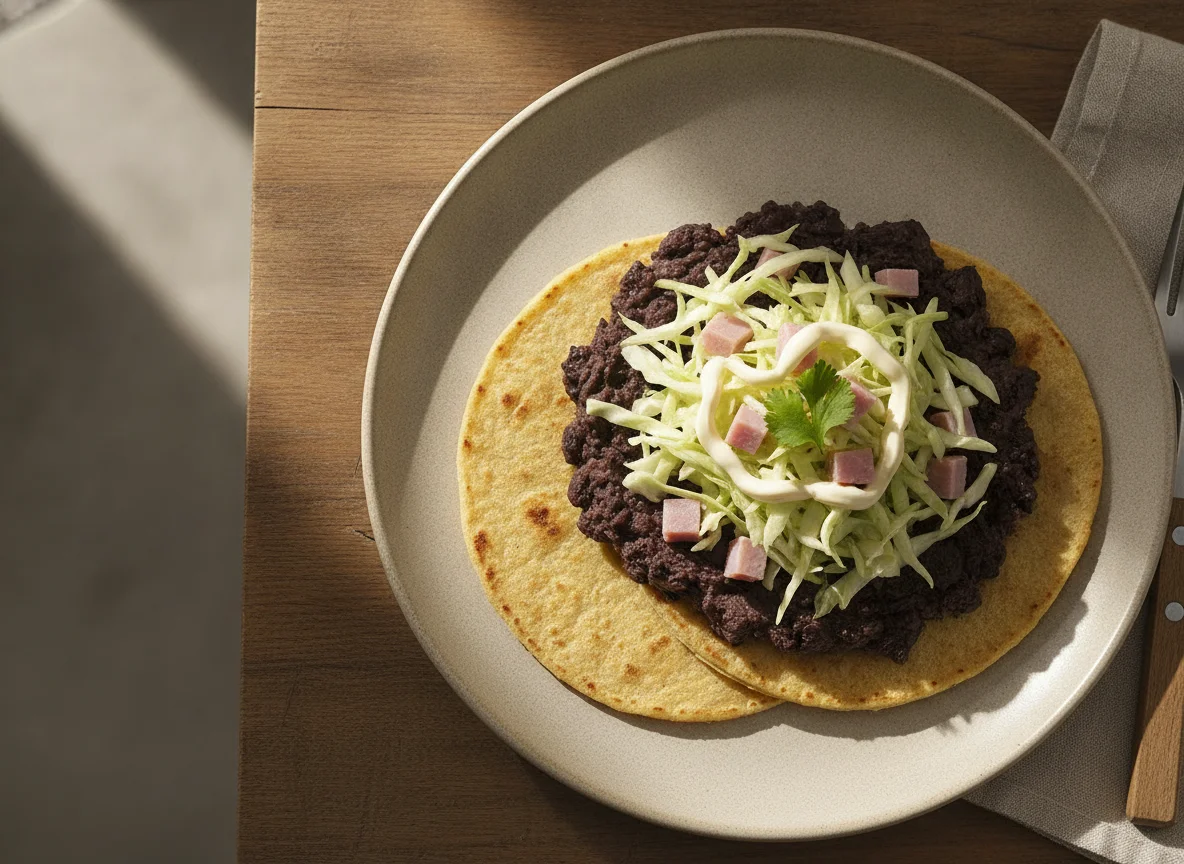 Tortillas con ensalada de jamón y frijoles volteados photo
