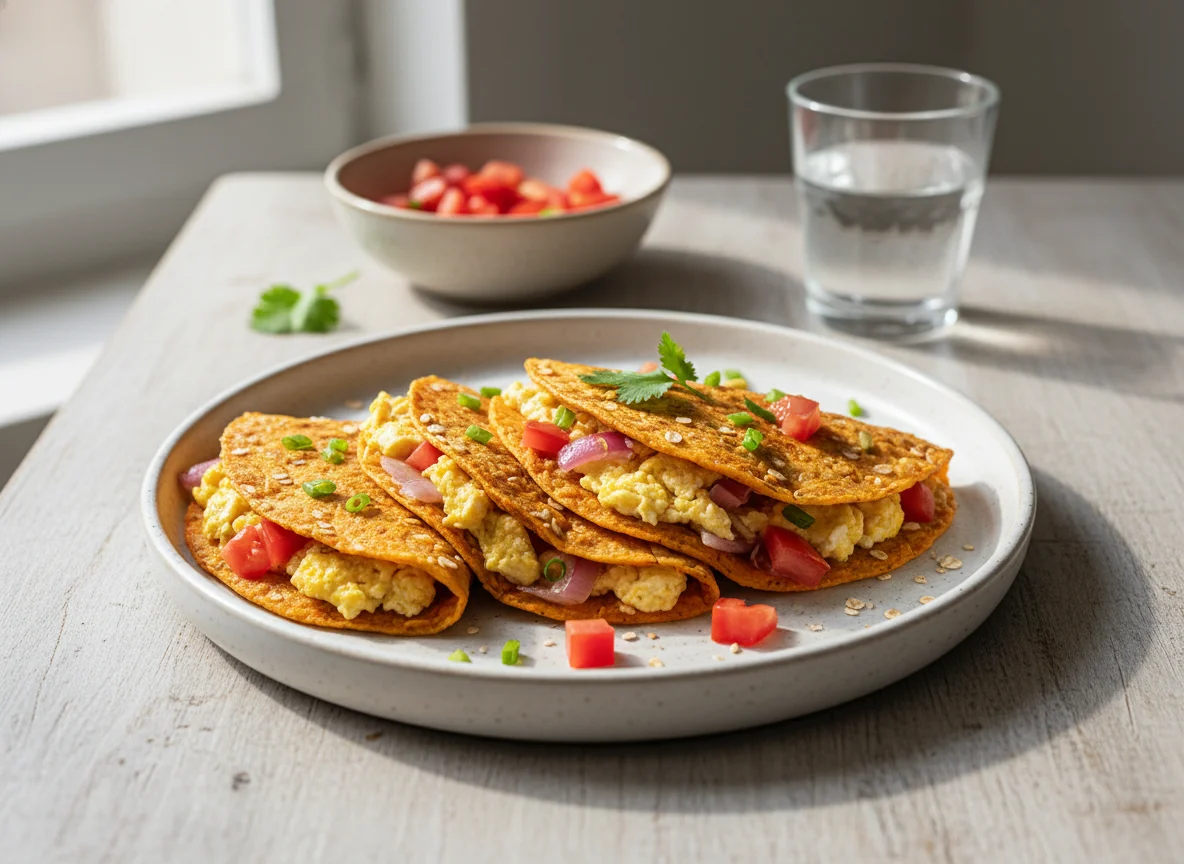 Tortillas de avena con zanahoria rellenas de huevo photo