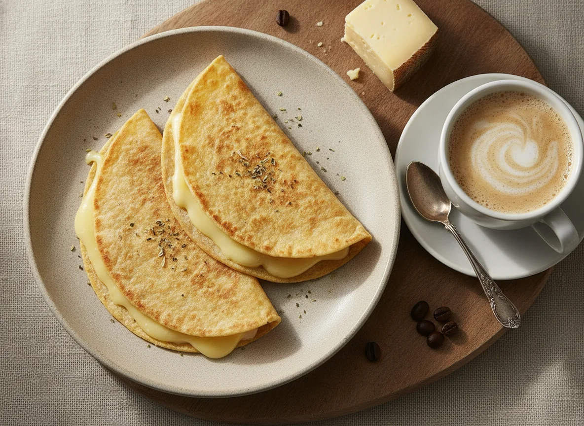 Tortillas de trigo con queso y café con leche photo
