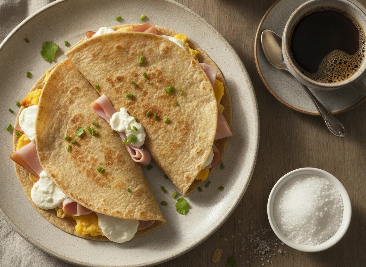 Tortillas integrales con huevo, jamón y queso con café photo